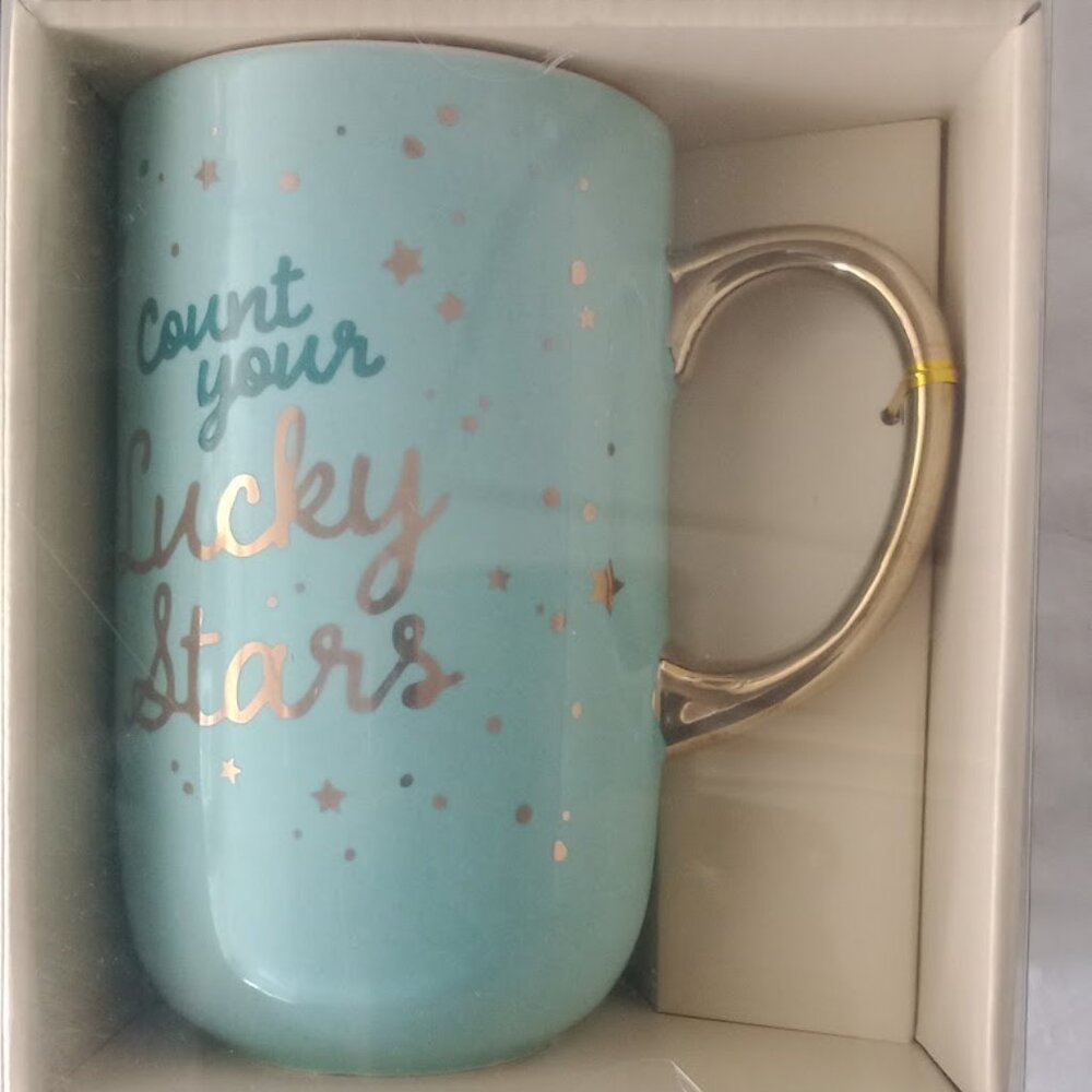Modern Expressions Count your Lucky Stars" blue & gold ceramic mug)20 oz